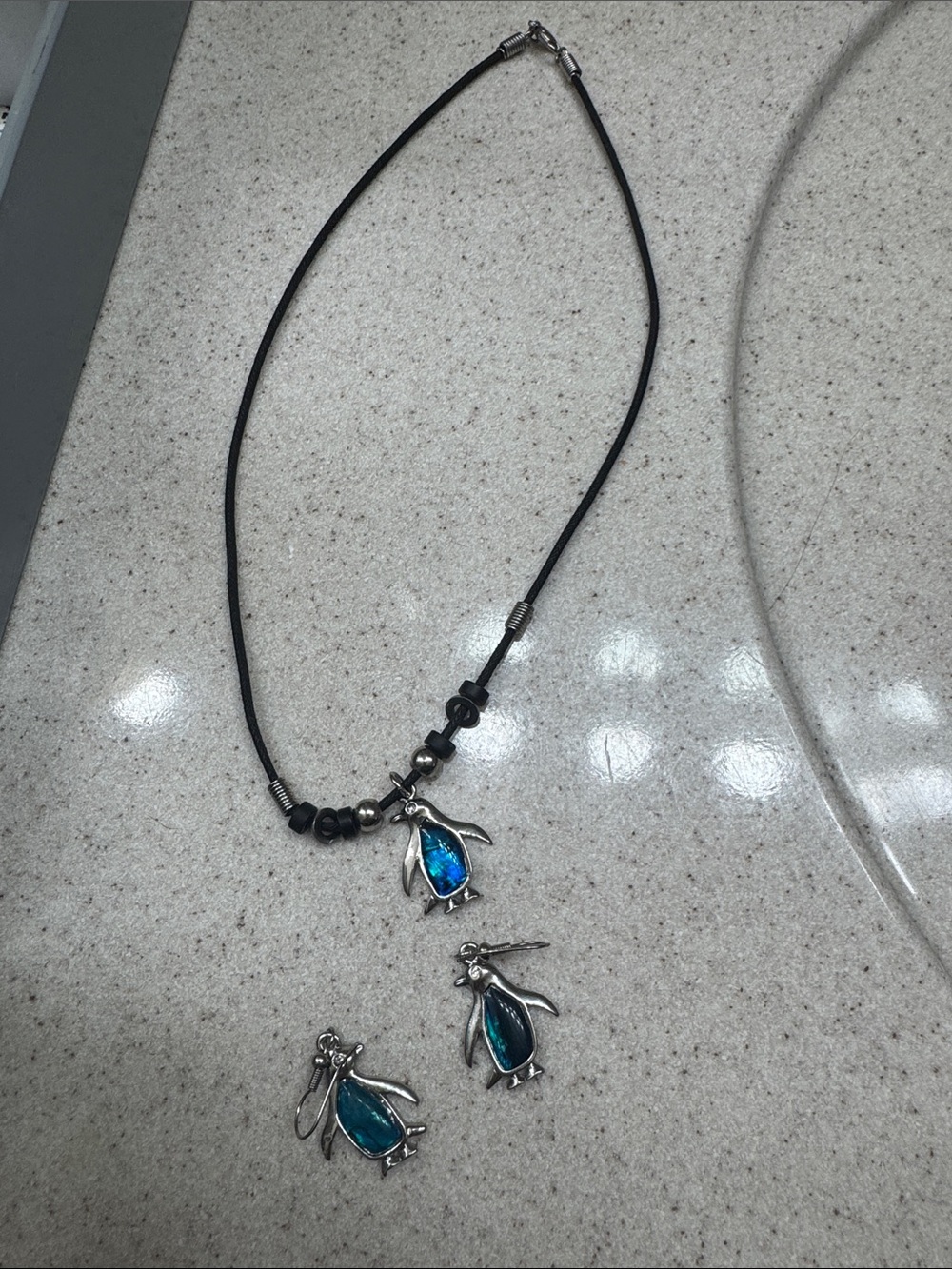 Blue Penguin Pendant Necklace and Earrings Set